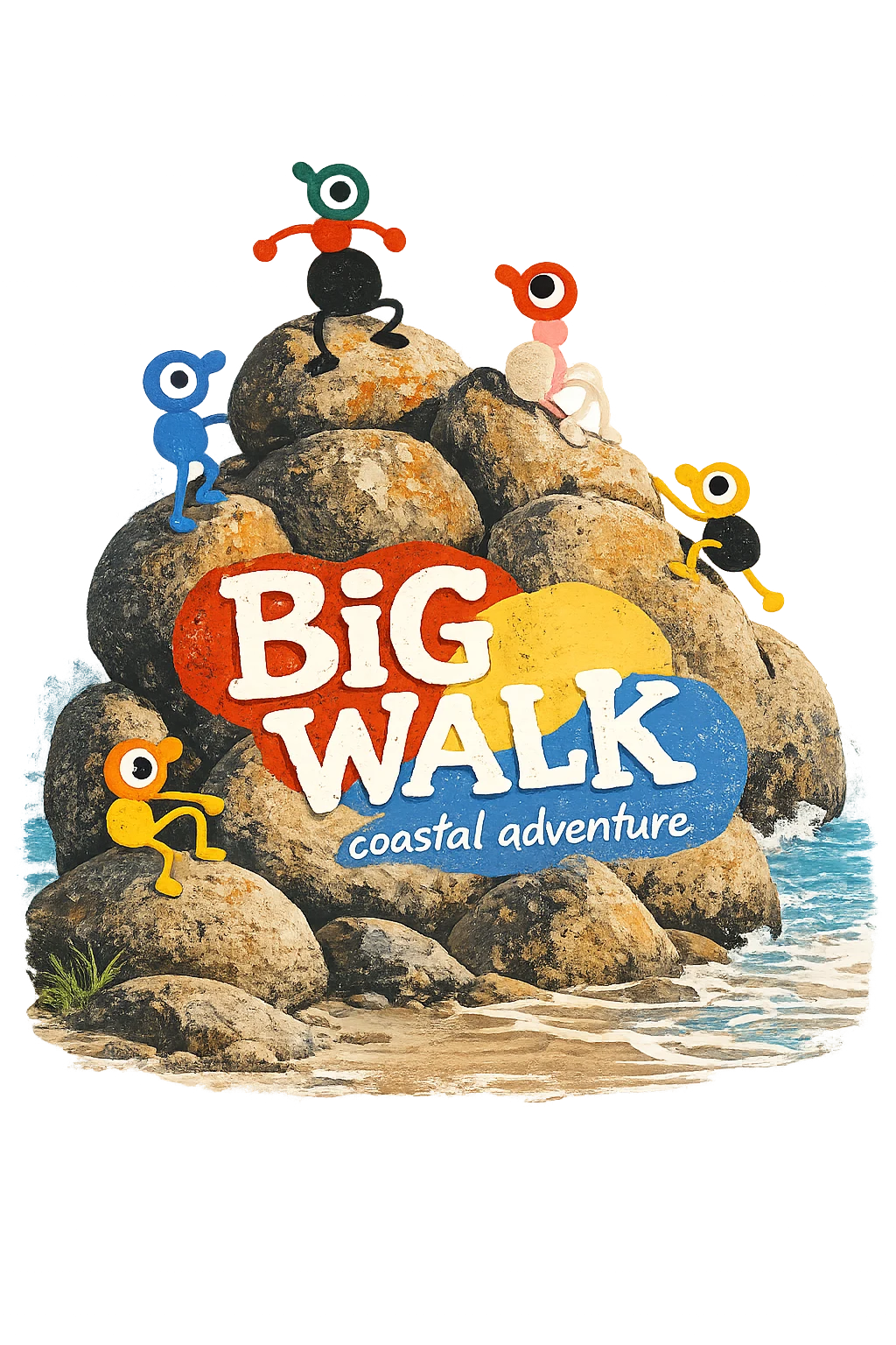 Colorful one-eyed Big Walk characters gathered on a rocky coast